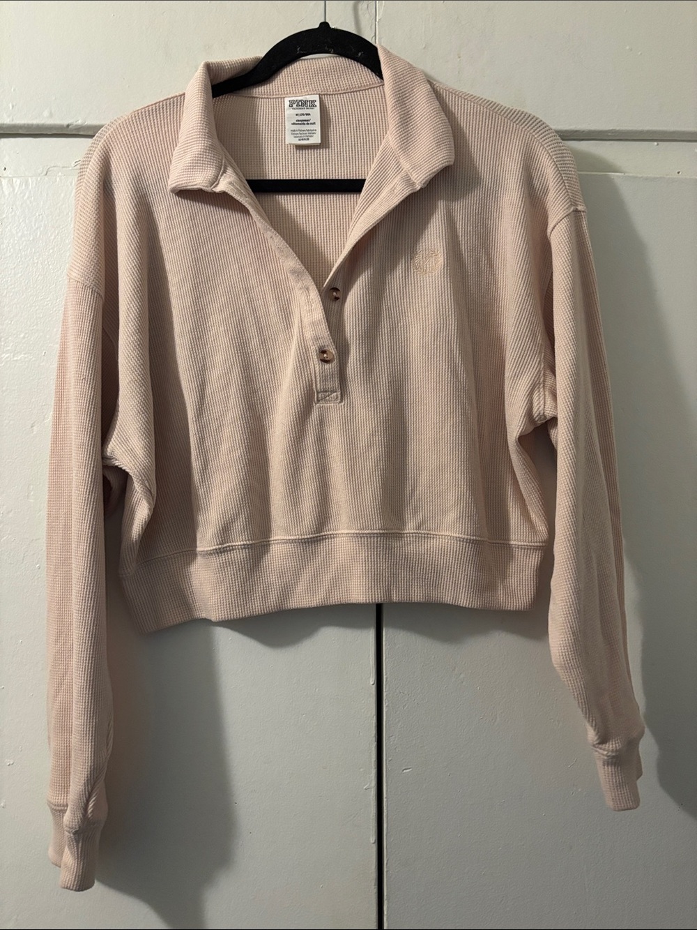 PINK Victoria's Secret Cropped Waffle Henley in Light Blush